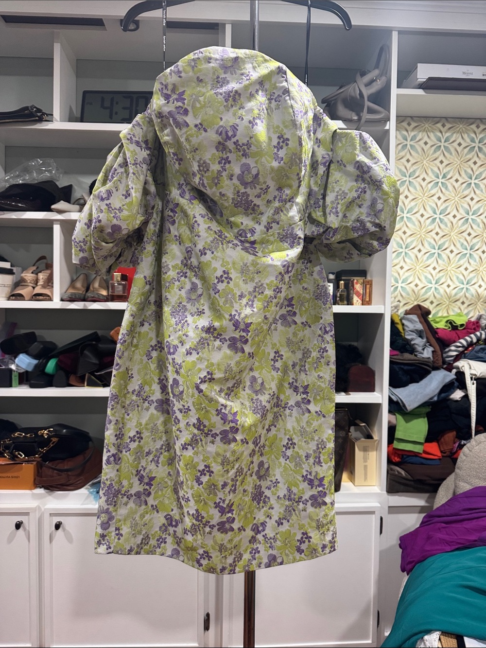 Lavish Alice Floral Puff-Sleeve Midi Dress - Green & Purple